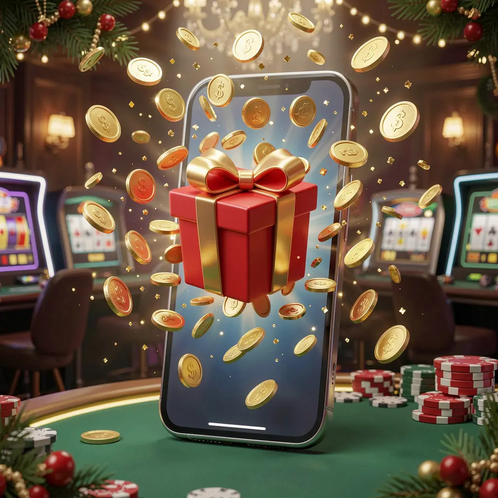 RM 888 mobile casino bonus app concept showing a phone screen with a gift box and coins bursting out in a festive casino atmosphere