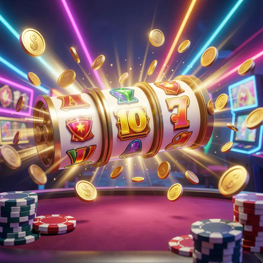 RM 888 online casino free spins bonus concept featuring colorful slot machine reels spinning with golden light effects, coins flying around, jackpot symbols, and casino chips on a vibrant neon background in a dynamic 3D render