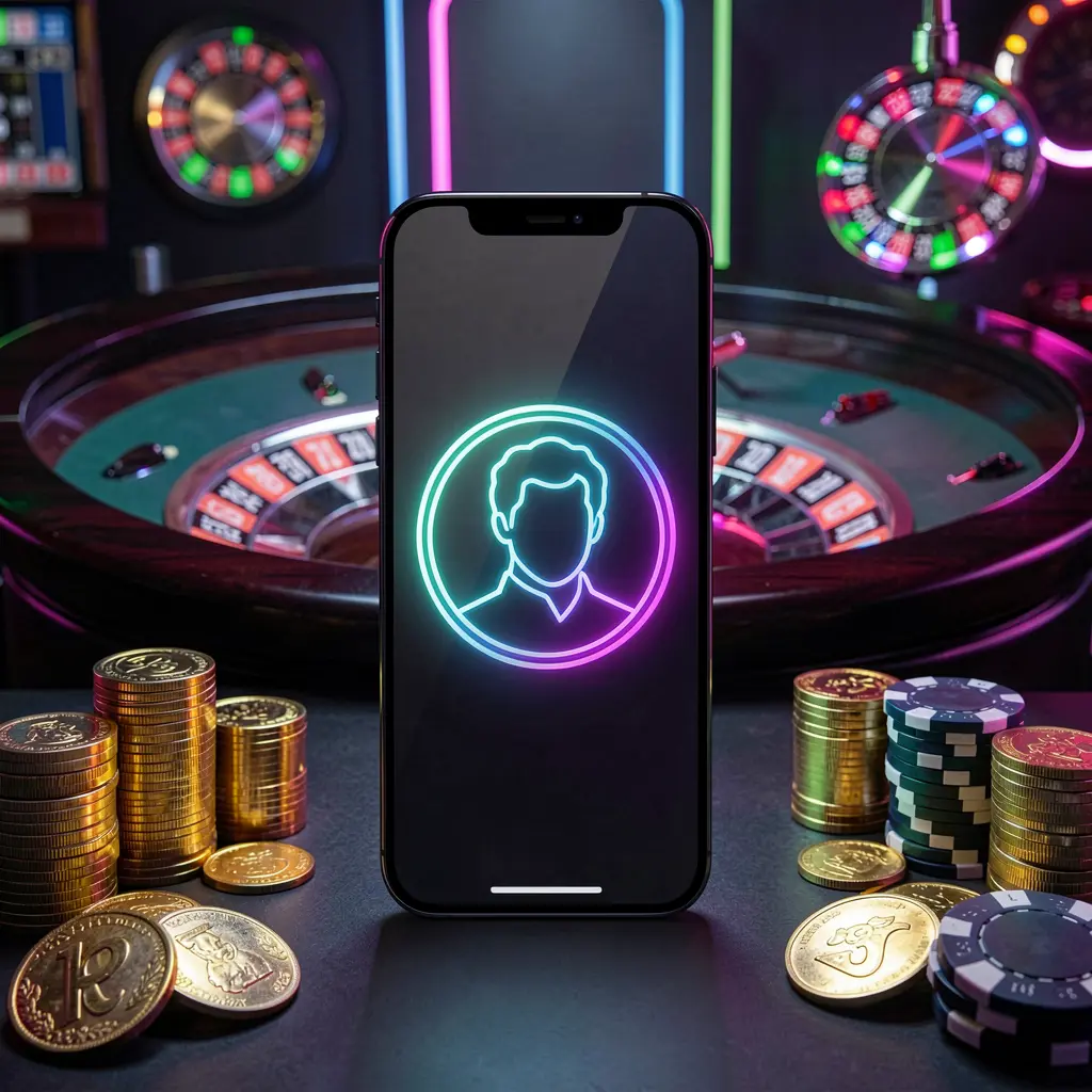 RM 888 online casino login image featuring a modern phone with a glowing profile icon, roulette lights in the background, golden coins and poker chips in a premium dark neon atmosphere
