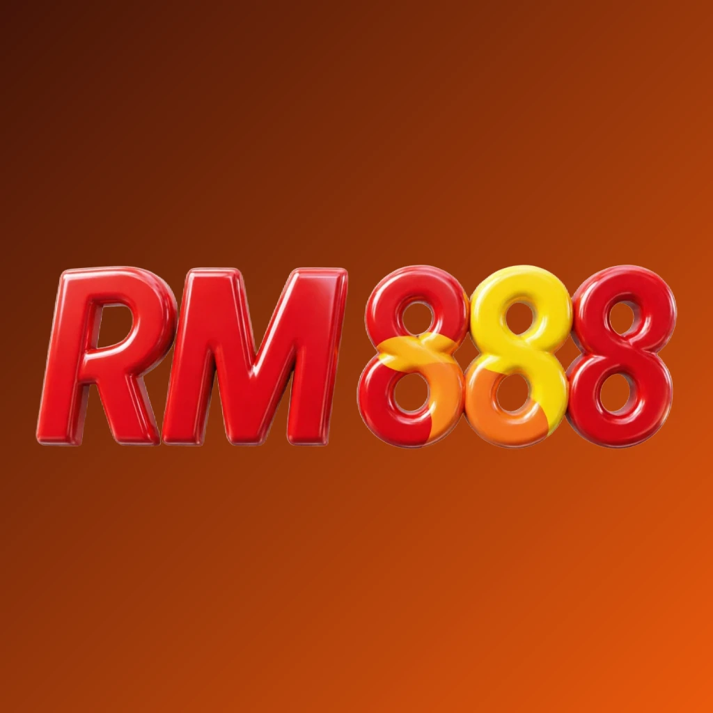 Vibrant RM 888 logo featuring bold heavy typography in bright red, yellow, and orange with a glossy 3D effect, designed as a wide horizontal rectangular wordmark for a modern and energetic website header