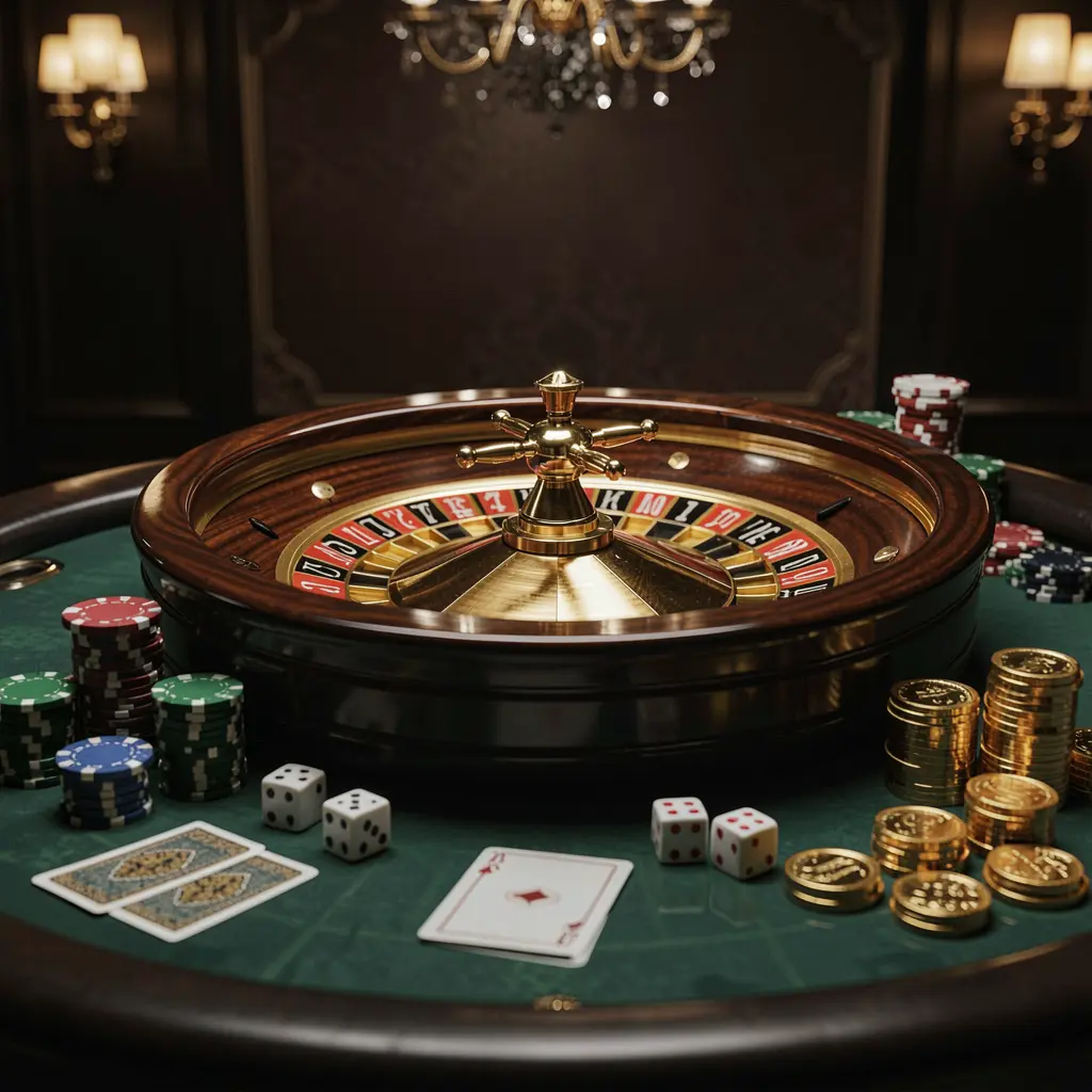 RM 888 premium casino homepage scene featuring a roulette wheel spinning on a glossy table surrounded by poker chips, dice, cards, and golden coins with an elegant dark background and cinematic lighting